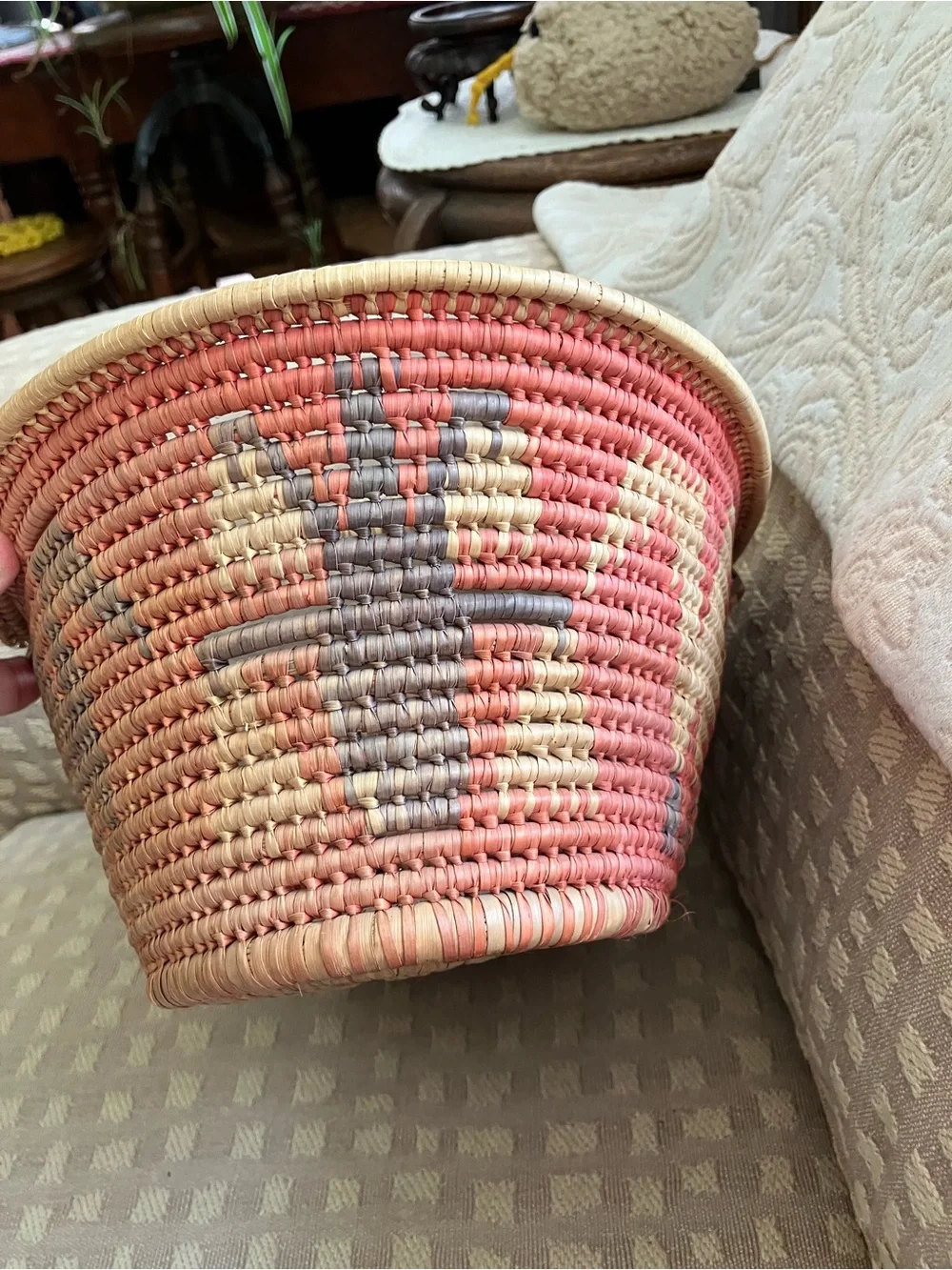 Vintage basket with Roosters Hand-crafted in Mexico traditional Toluca